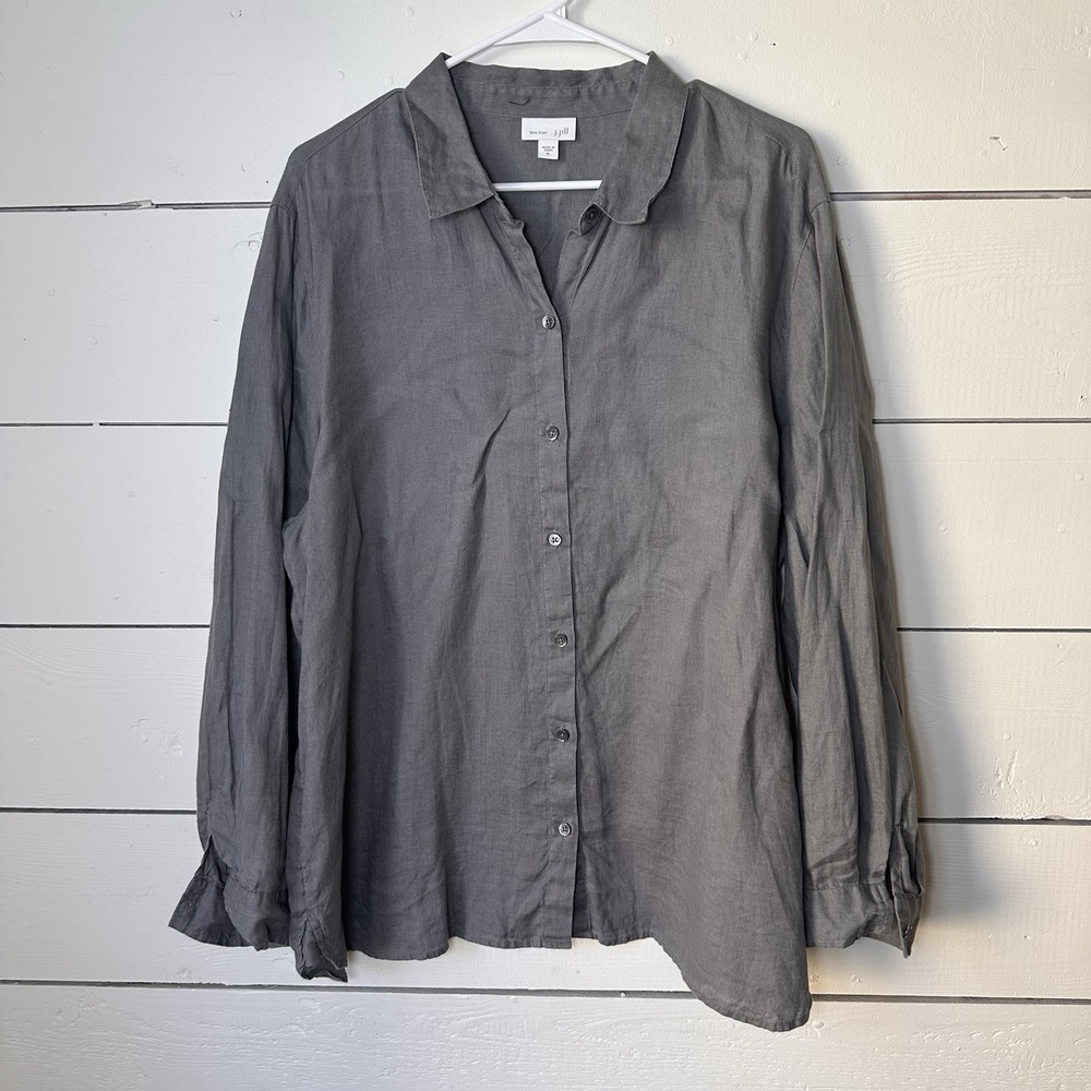 J Jill Love Linen Shirt Top XL Gray Button Up Long Sleeve Resort Preppy Vacation
